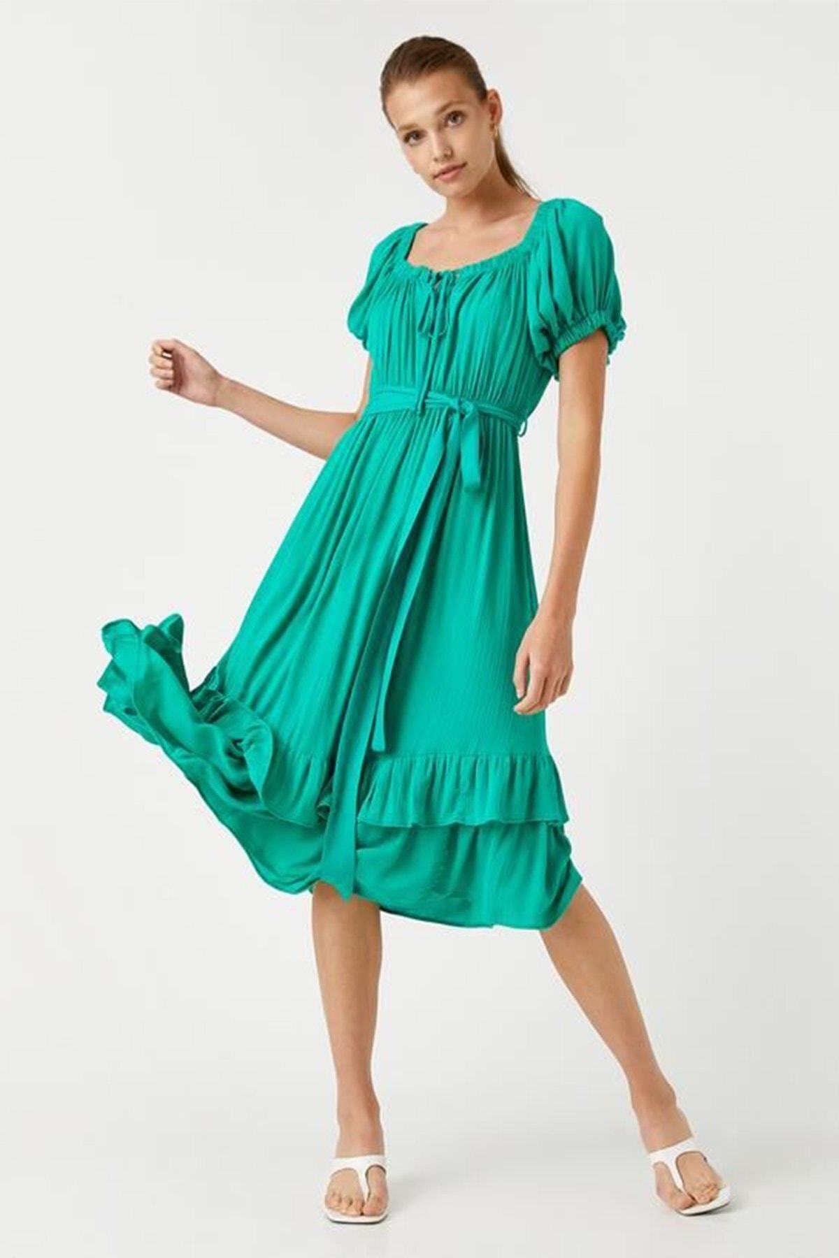 Платье миди с воланами Koton, зеленый платье миди с воланами koton зеленый