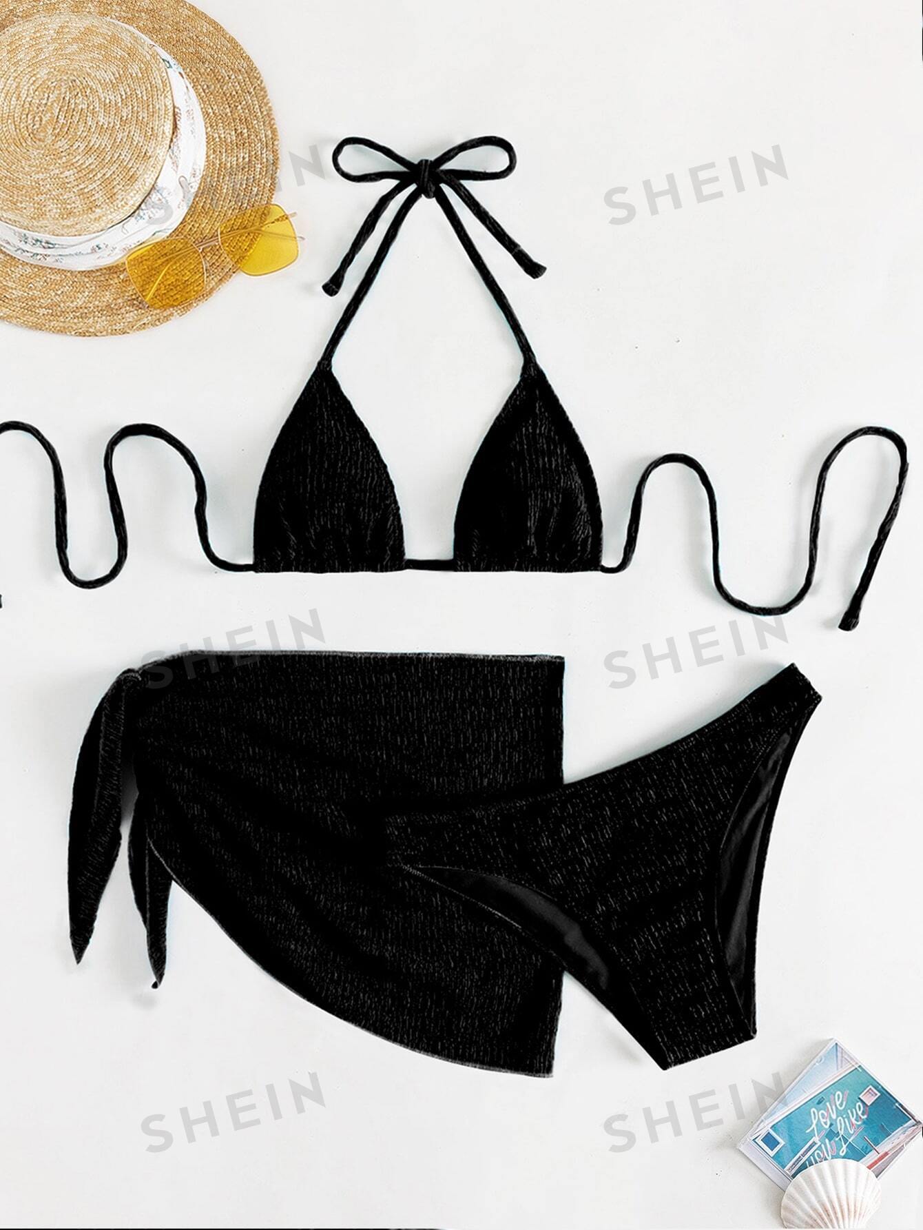SHEIN Swim Basics Комплект бикини из двух частей с вырезом на бретельках, черный купальник dressfo с вышивкой бабочки на бретельках пляжный купальный костюм сетчатый купальный костюм комплект бикини из трех предметов куп