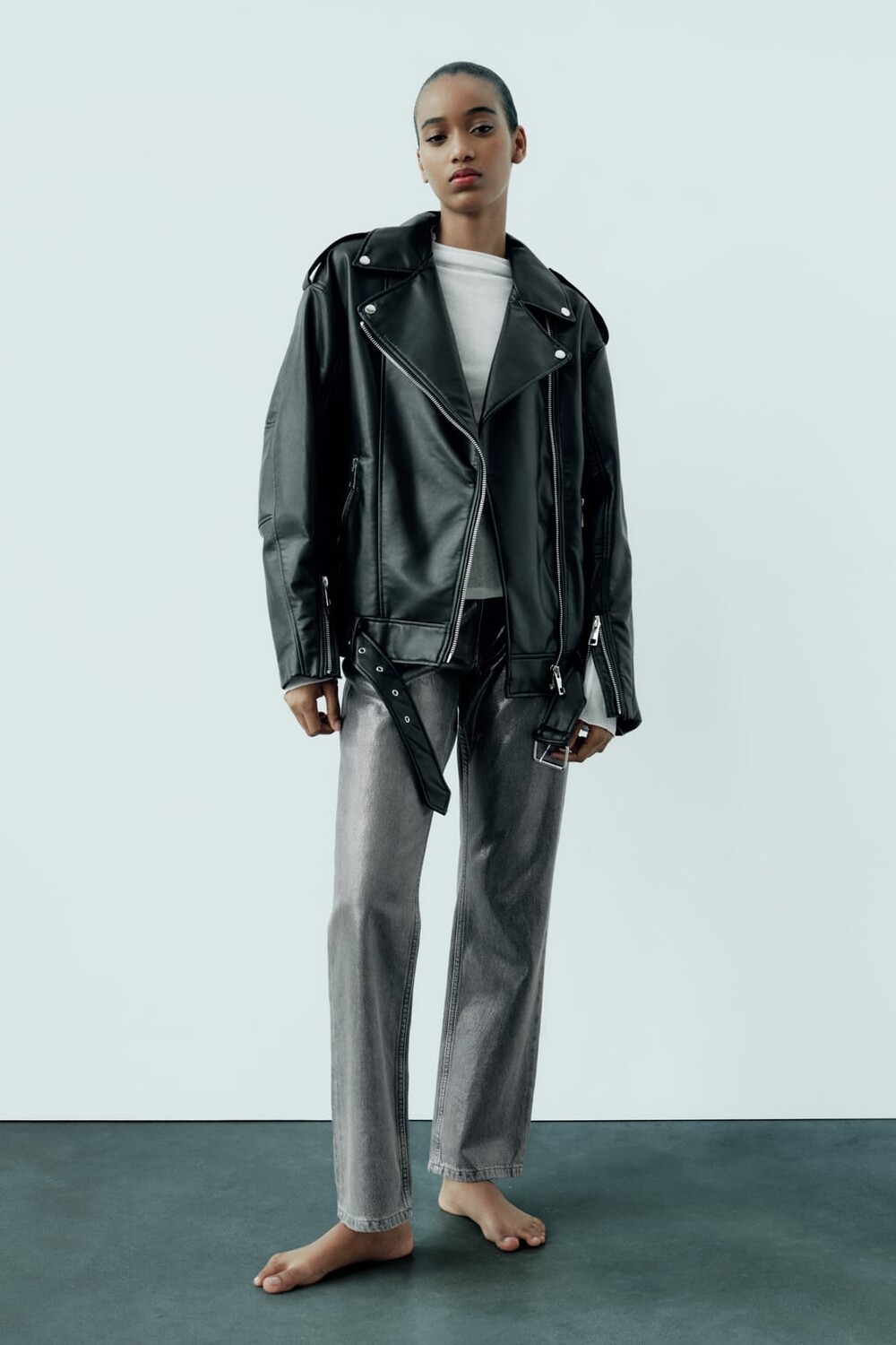 Байкерская куртка оверсайз из искусственной кожи ZARA, черный