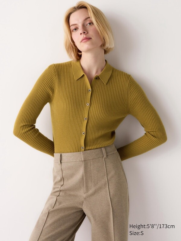 

Кардиган поло в рубчик из мериноса Uniqlo, желтый