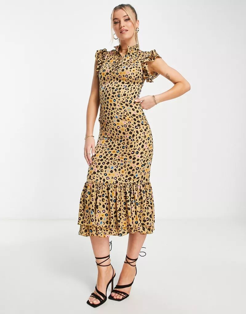 Платье миди с рюшами на рукавах Never Fully Dressed и леопардовым принтом конфетти шумовка estilo age001 72