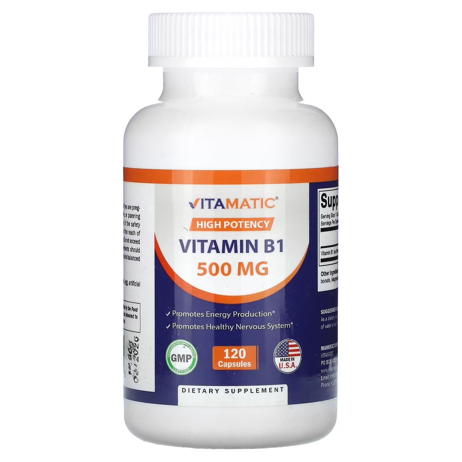 Vitamatic Высокоэффективный витамин B1 500 мг 120 капсул vitamatic l треонин 500 мг 120 растительных капсул