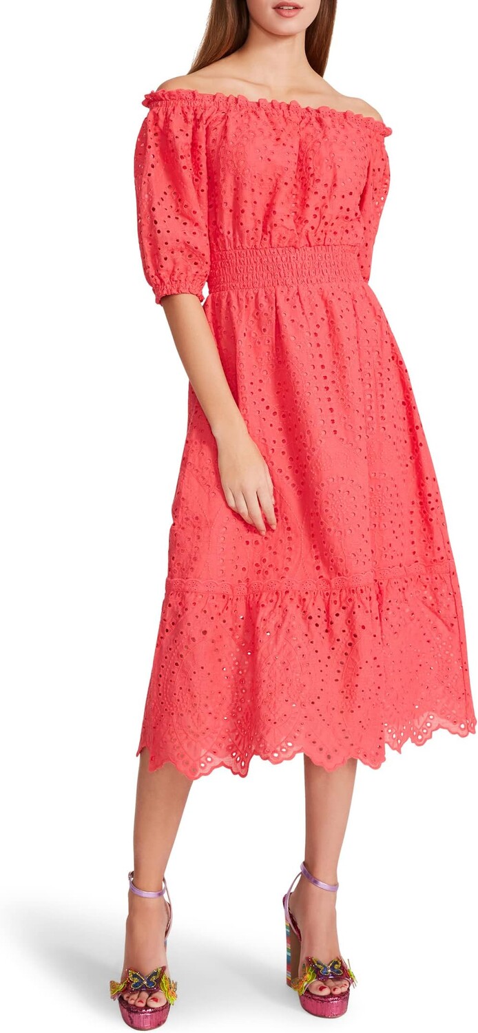 

Платье Betsey Johnson On/Off Shoulder Cotton Eyelet Midi, цвет Paradise Pink