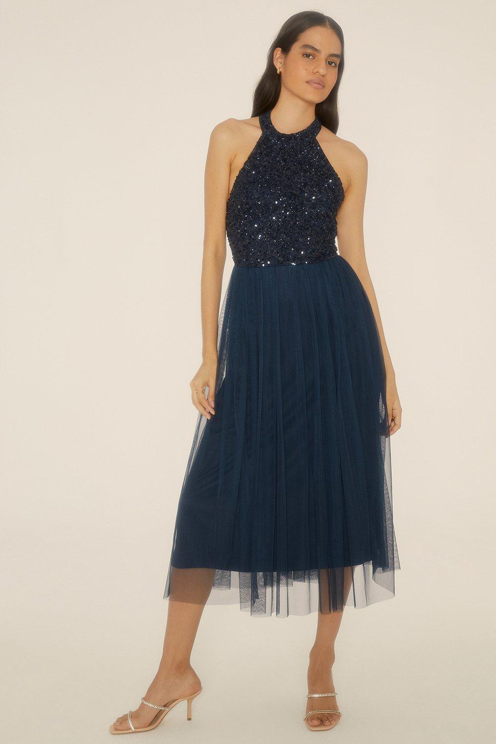 Миниатюрное платье миди с воротником халтер и пайетками в тон Oasis, темно-синий платье с воротником халтер и пайетками bodyflirt boutique синий