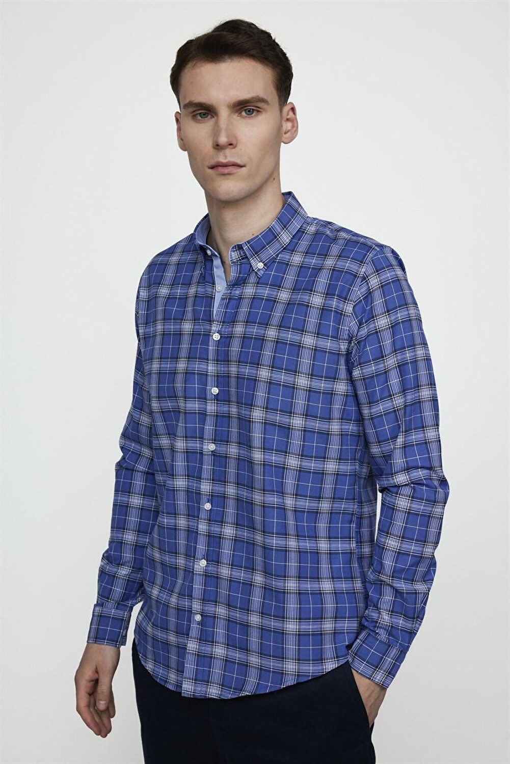 

Slim Fit с длинным рукавом и воротником на пуговицах, хлопковая клетчатая спортивная мужская саксофонная синяя рубашка TUDORS