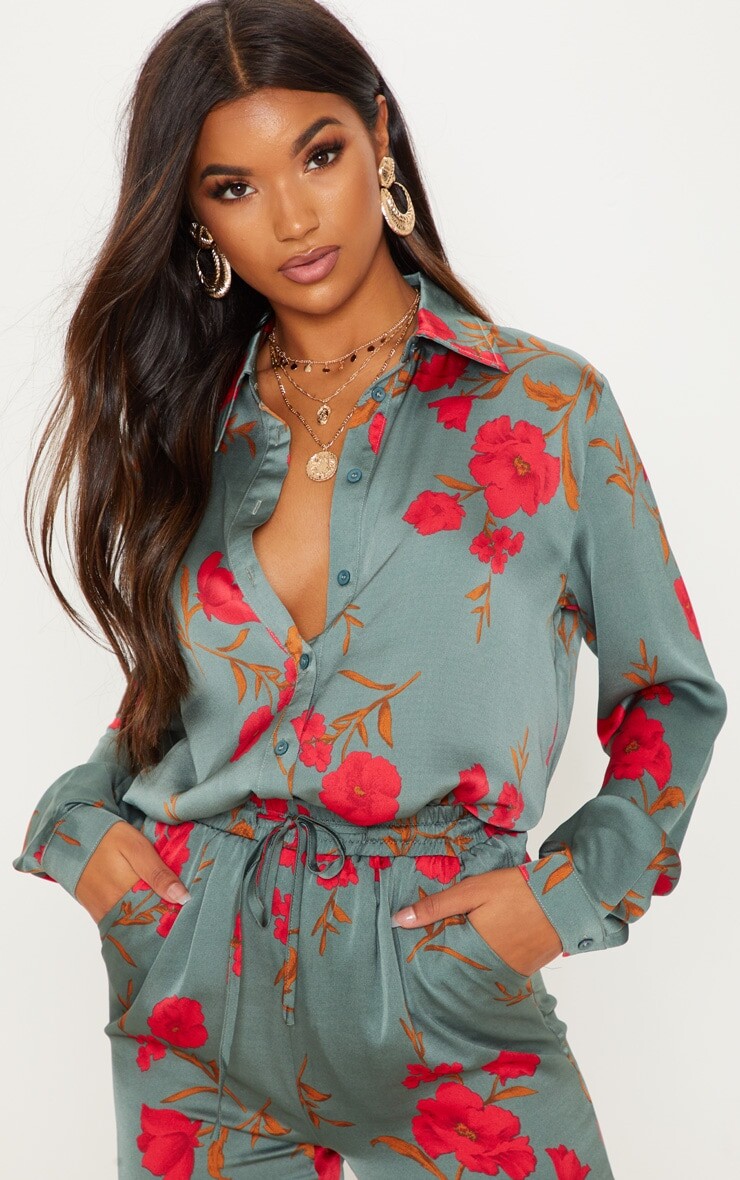 

PrettyLittleThing Зеленая рубашка оверсайз с цветочным принтом