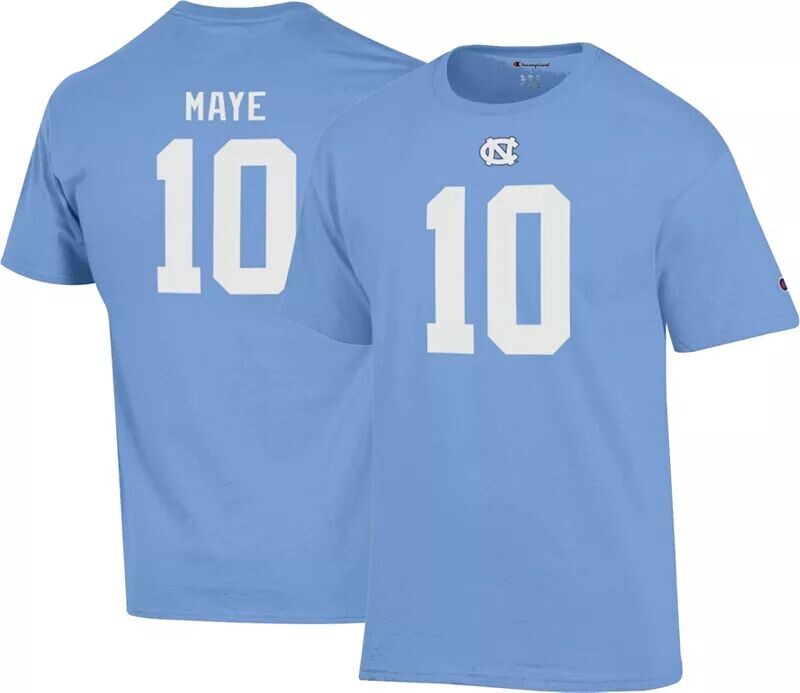 

Мужская синяя футболка Champion North Carolina Tar Heels Drake Maye #10 Carolina