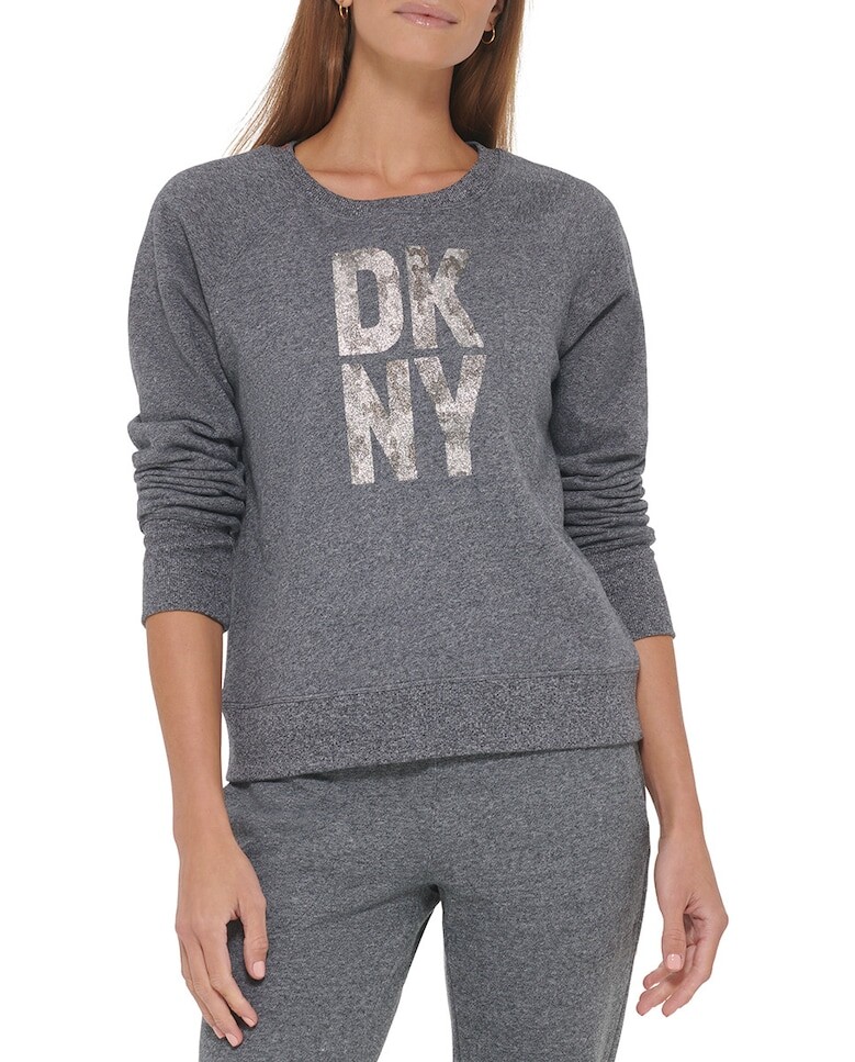 

Женский свободный свитер с крупным принтом и круглым вырезом DKNY, темно-серый