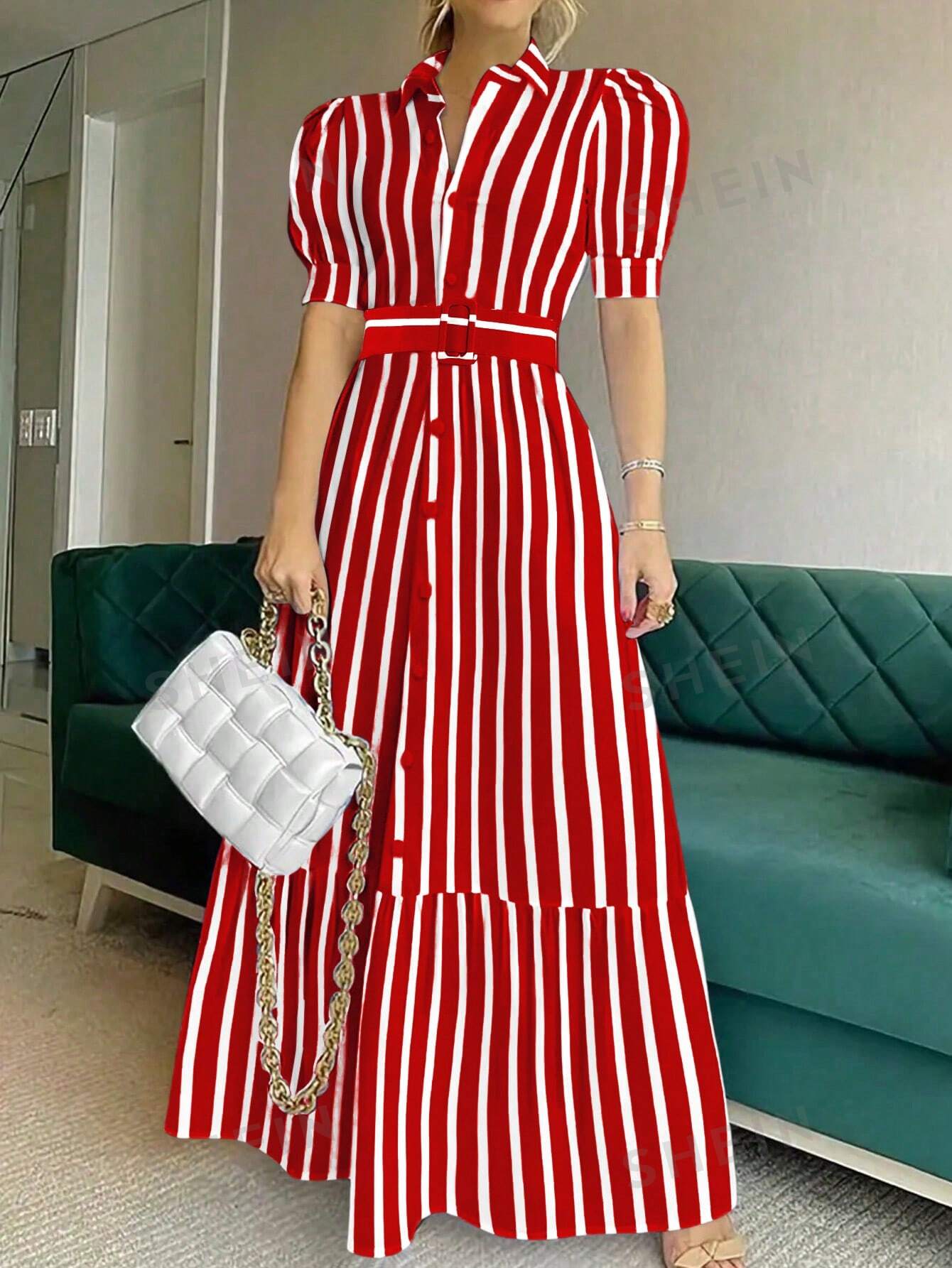 SHEIN Privé Платье-рубашка в полоску с объемными рукавами и поясом, красный