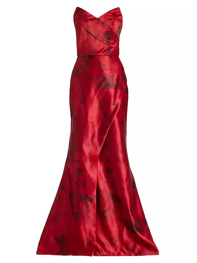 цена Атласное платье с запахом и цветочным принтом из микадо Rene Ruiz Collection, красный