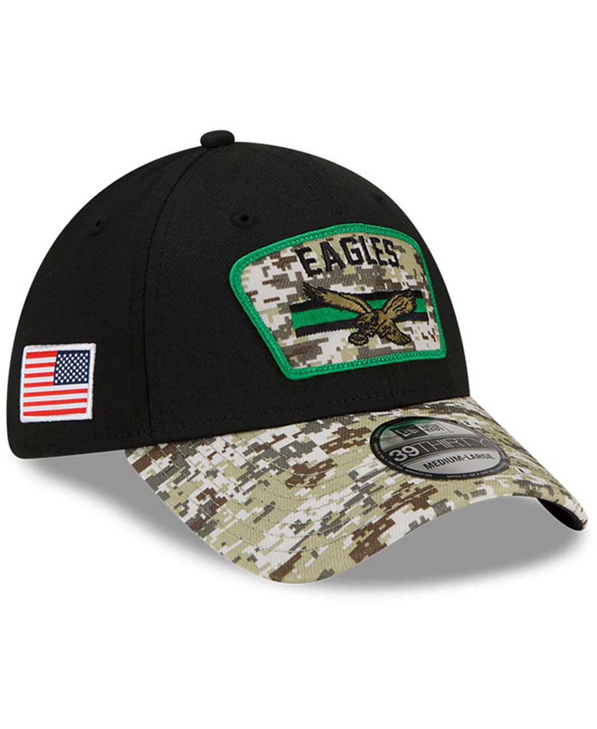 Мужская черная камуфляжная шляпа Philadelphia Eagles 2021 Salute To Service Historic Logo 39THIRTY Flex Hat New Era
