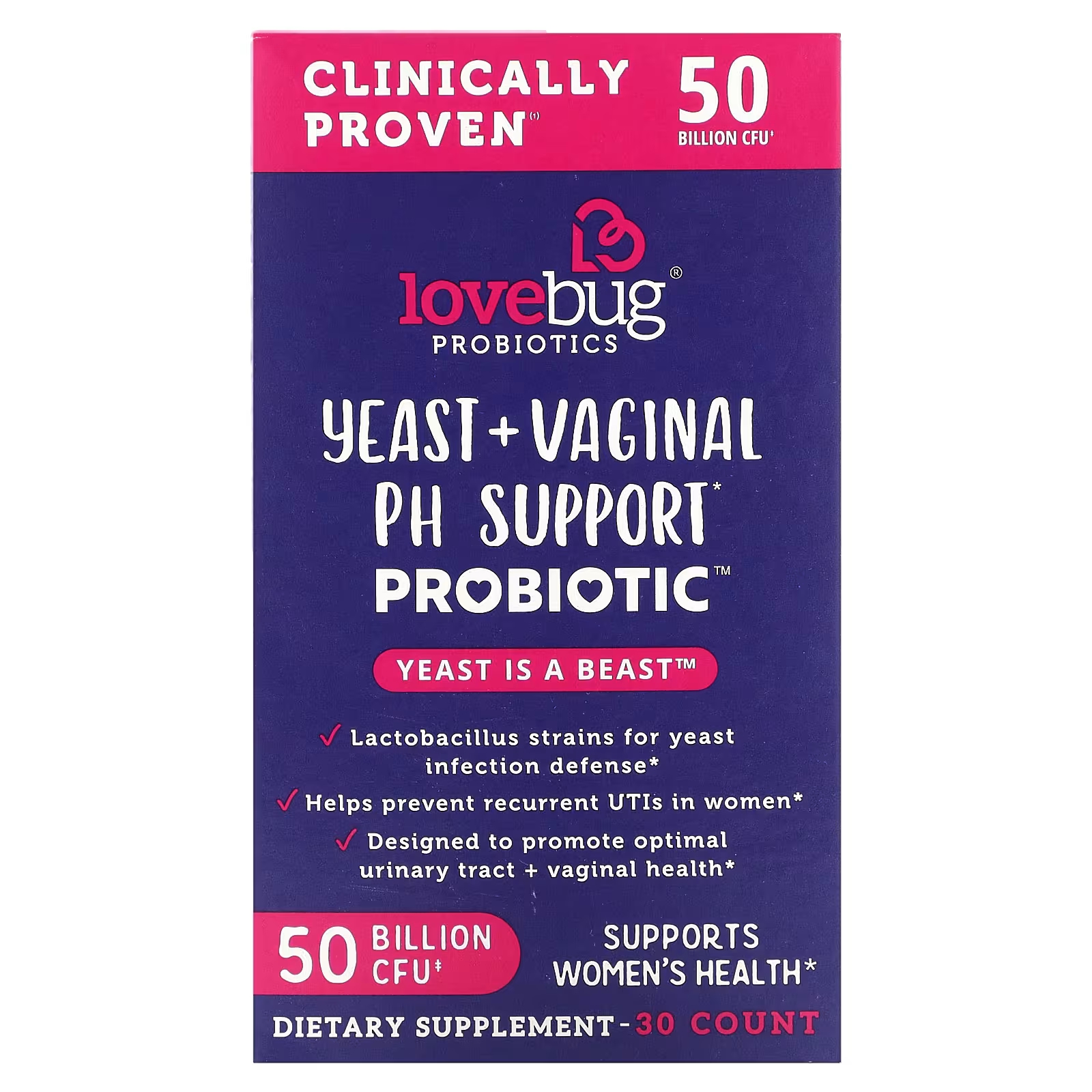 Пробиотики LoveBug, дрожжи + пробиотик для поддержки вагинального уровня pH, 50 миллиардов КОЕ, 30 шт. LoveBug Probiotics