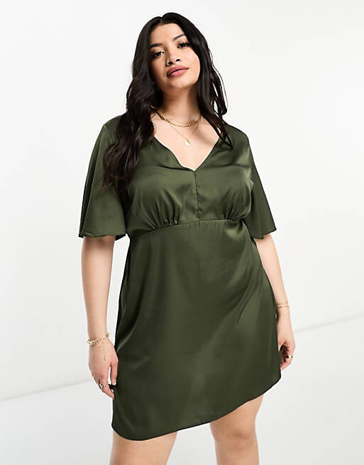 

Атласное чайное платье мини с рукавами ангела ASOS DESIGN Curve цвета хаки