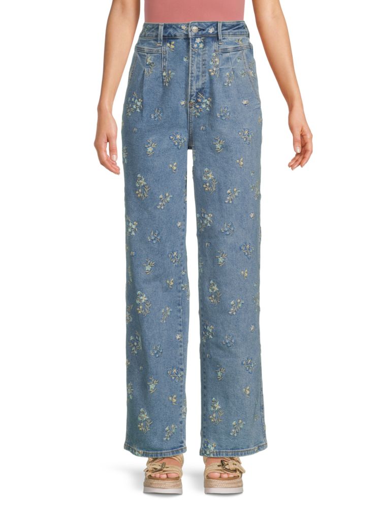 Широкие джинсы со складками с цветочным принтом Driftwood, цвет Light Wash