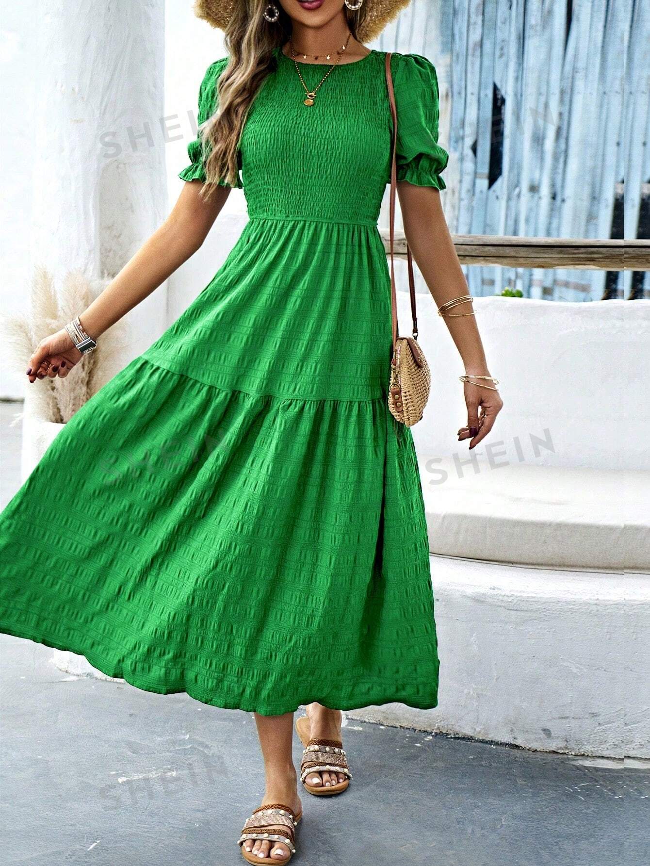 цена SHEIN VCAY женское свободное платье с круглым вырезом и короткими рукавами-фонариками, зеленый