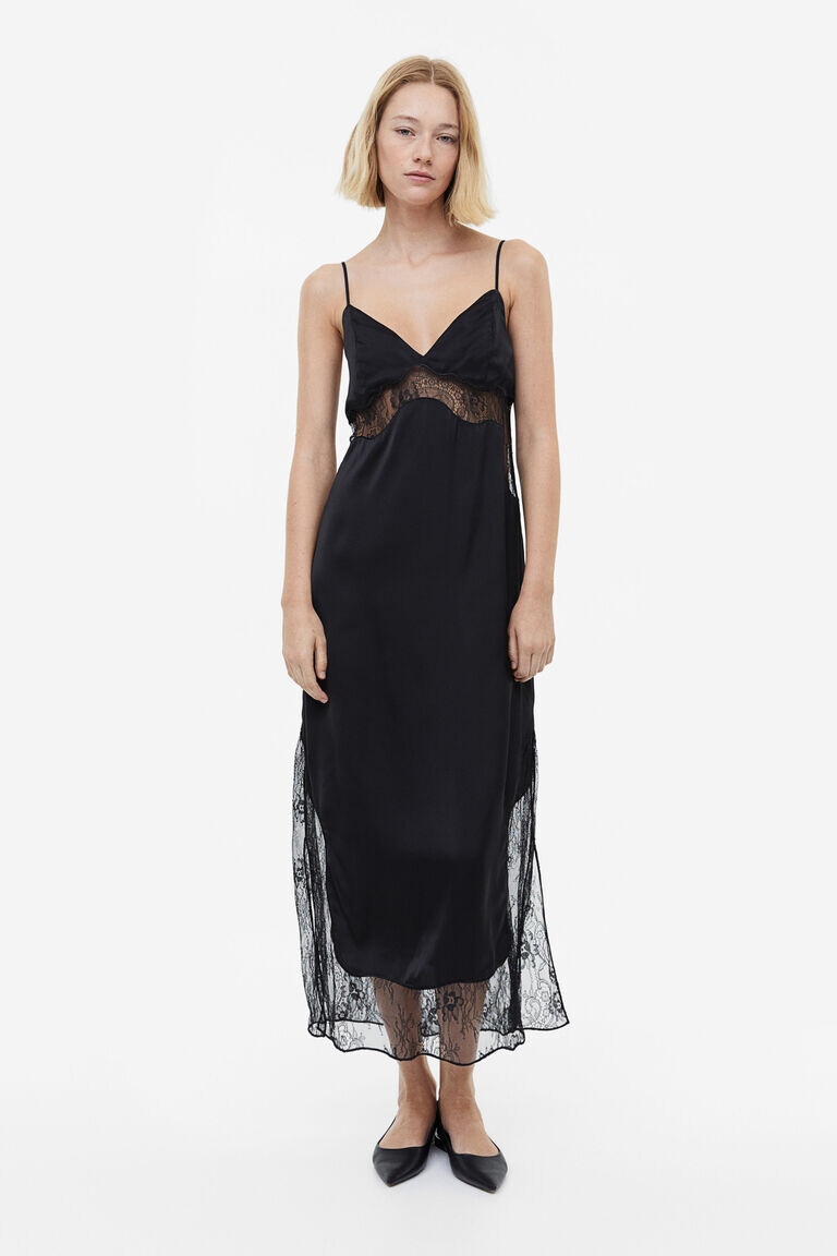 

Атласное платье-комбинация с кружевом H&M, черный