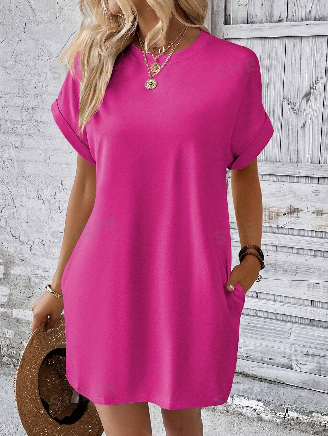 платье макси летнее с круглым вырезом и рукавом летучая мышь SHEIN LUNE Однотонное платье с рукавами «летучая мышь» и диагональными карманами, ярко-розовый