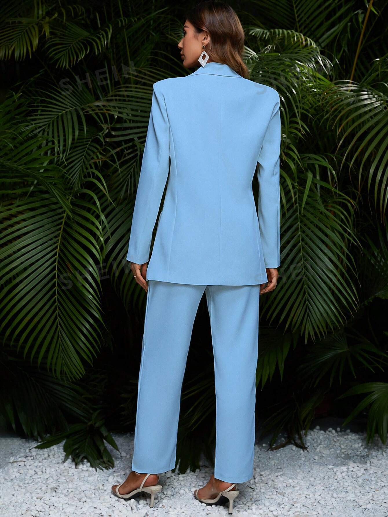 SHEIN Privé Женский однотонный комплект с воротником и длинными рукавами, голубые пиджак однобортный размер 64 бирюзовый