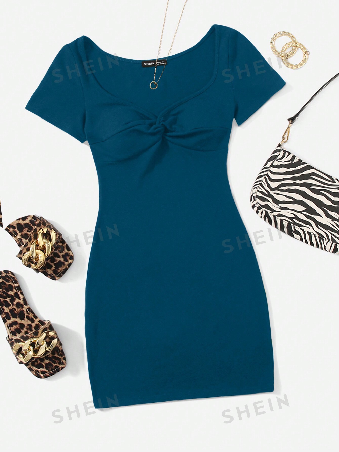SHEIN PETITE Женское платье с вырезом сердечком и короткими рукавами, синий