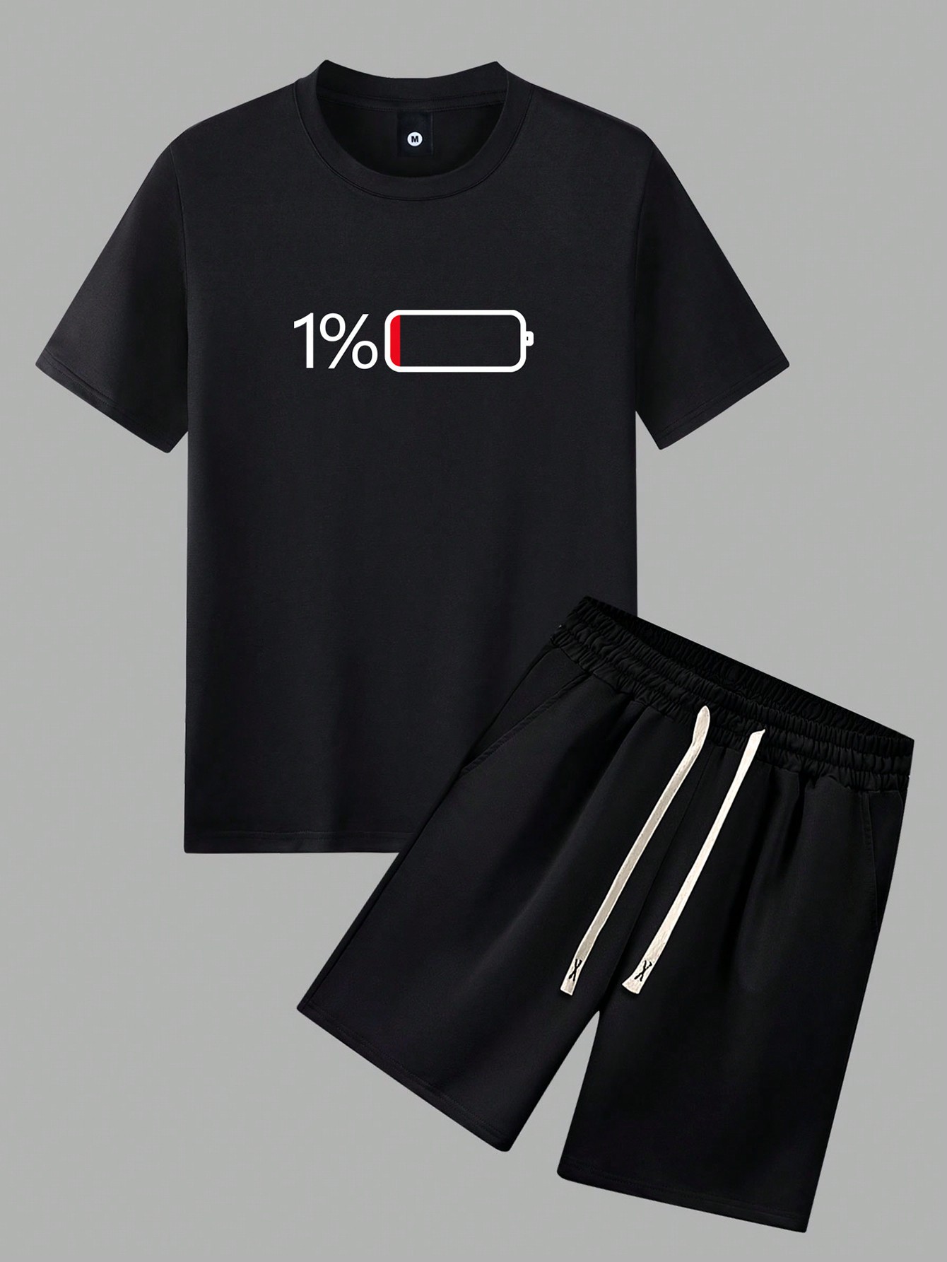 Мужская летняя модная и повседневная футболка с короткими рукавами и шортами на шнурке с принтом батареи, черный