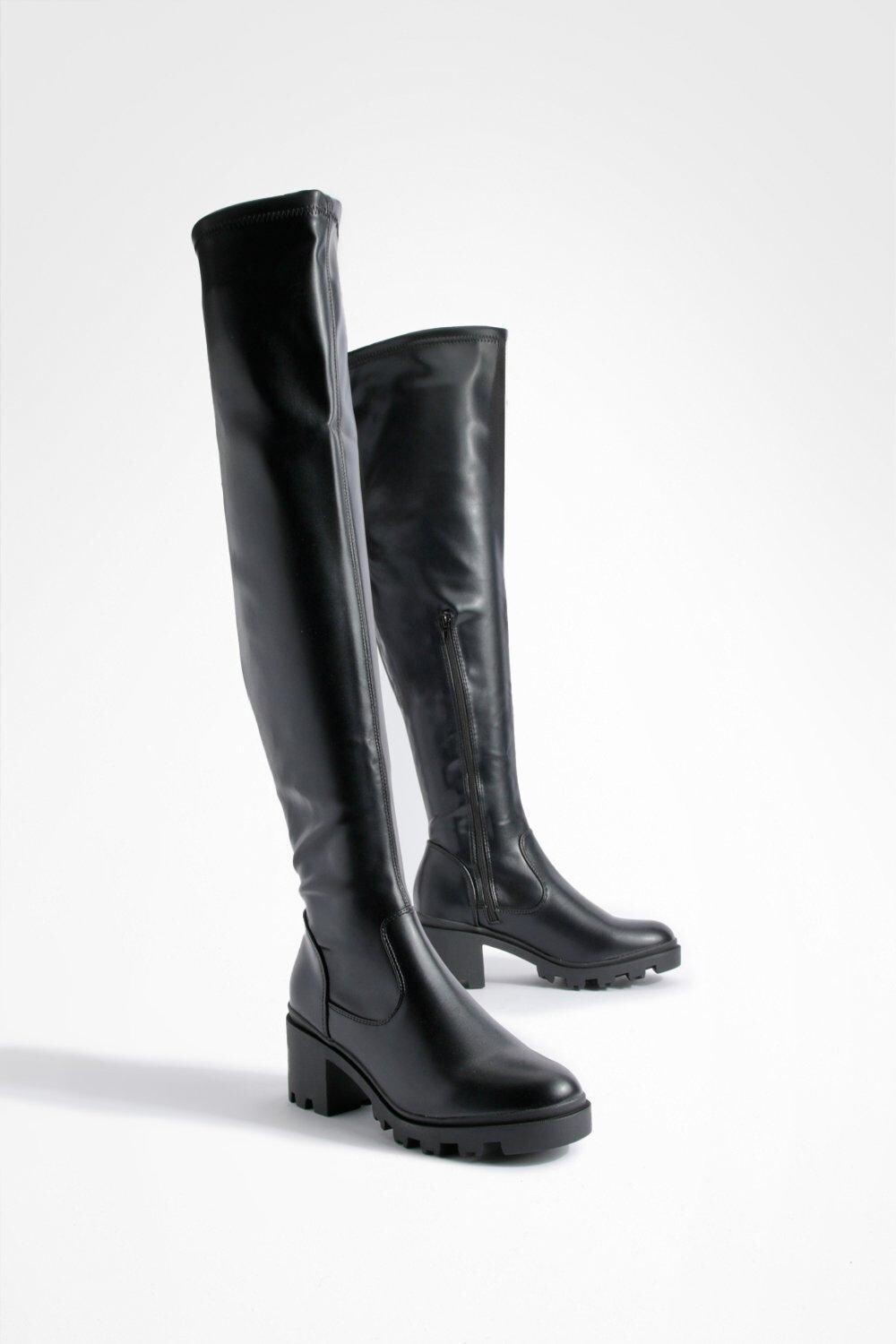 

Сапоги до колена на блочном каблуке boohoo, черный