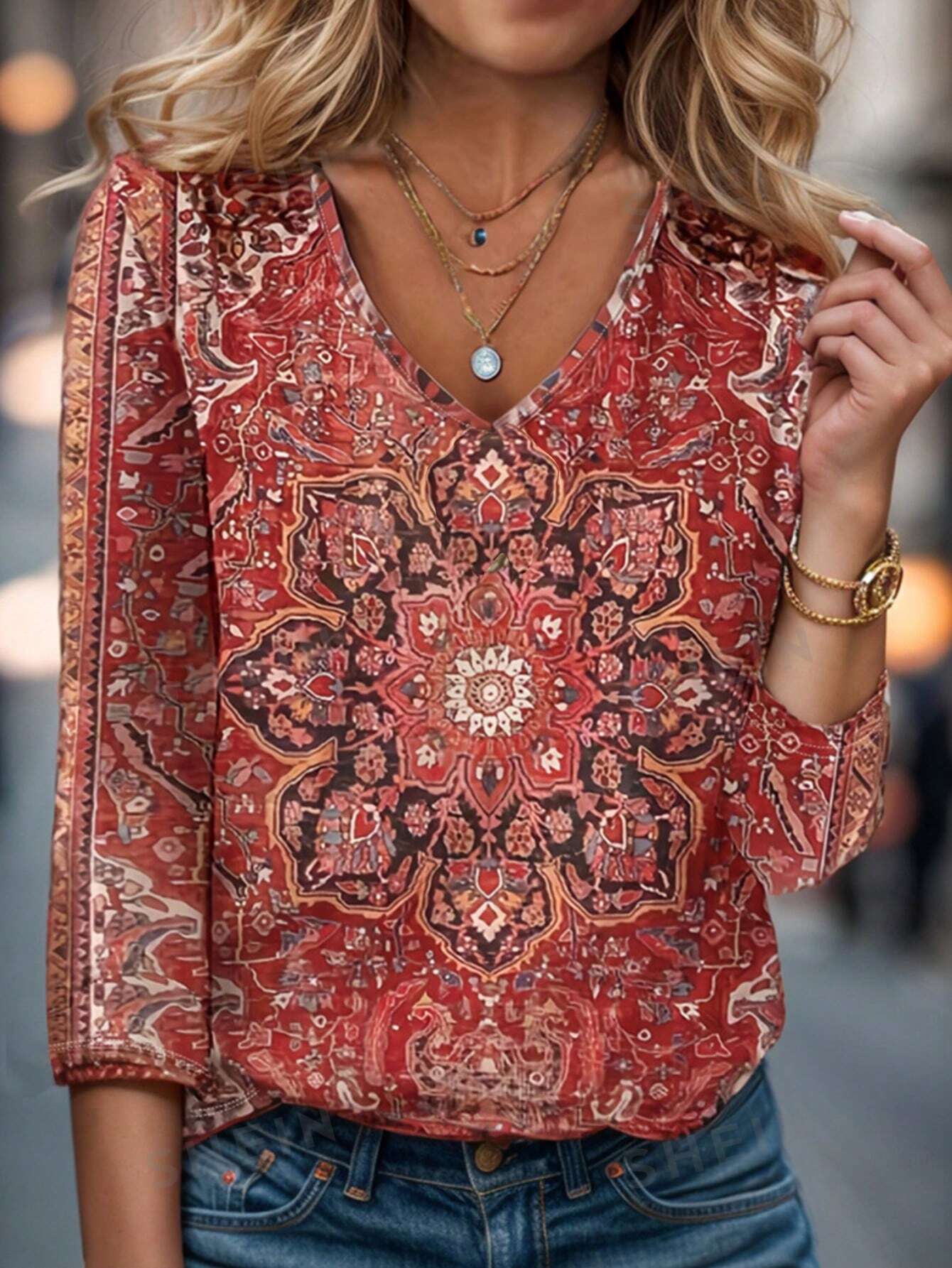 SHEIN LUNE Весенне-летняя повседневная футболка с длинным рукавом и V-образным вырезом с цветочным принтом, многоцветный женская винтажная футболка с длинным рукавом с глубоким v образным вырезом