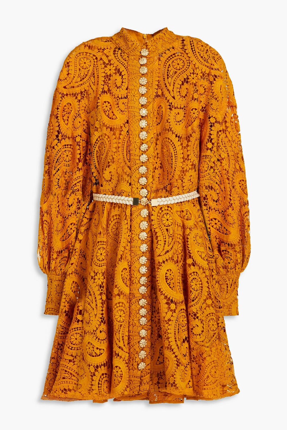 

Платье мини из кружева макраме с декором Zimmermann, шафран