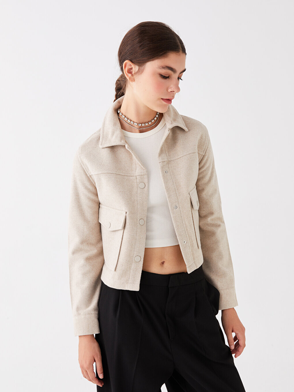 

Однотонная женская куртка-рубашка с длинным рукавом LCW Casual, бежевый