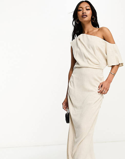 

Овсяное льняное платье миди со сборками и присборенными плечами ASOS DESIGN