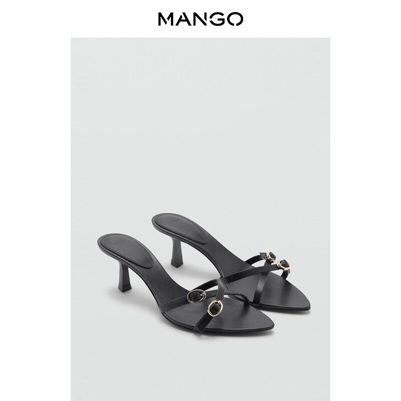 

Кожаные сандалии Mango на среднем каблуке с пряжкой, черный