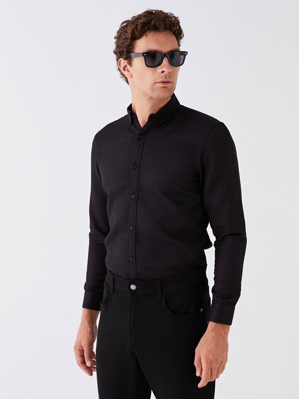 

Мужская рубашка Добби Slim Fit с длинным рукавом LCW Vision, новый черный