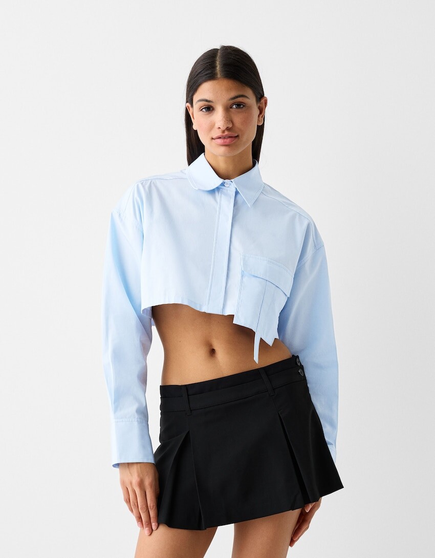 

Короткая рубашка из поплина с длинными рукавами и полосками Bershka, синий
