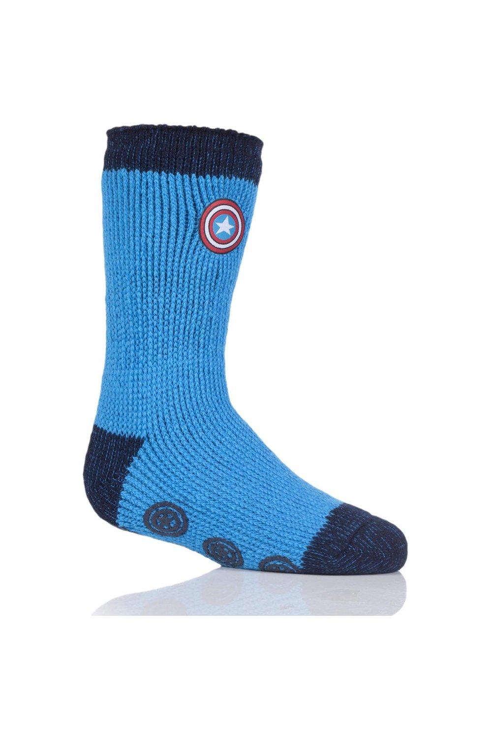 цена 1 пара носков-тапочек с изображением Капитана Америки и щита Marvel SOCKSHOP Heat Holders, синий