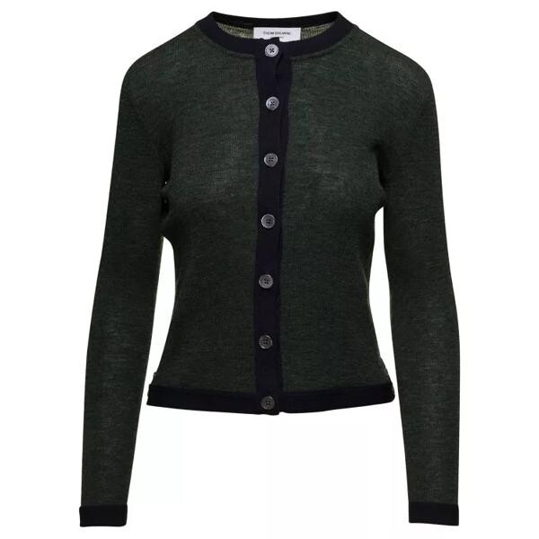 

Кардиган crew neck cardigan w/ contrast trims in wool rib Thom Browne, черный