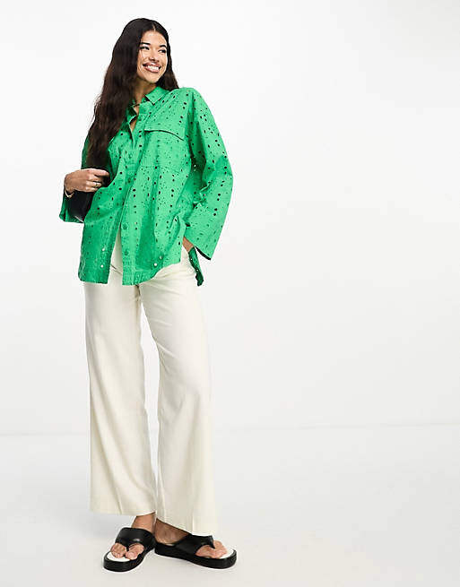 

Зеленая свободная рубашка бродери ASOS DESIGN