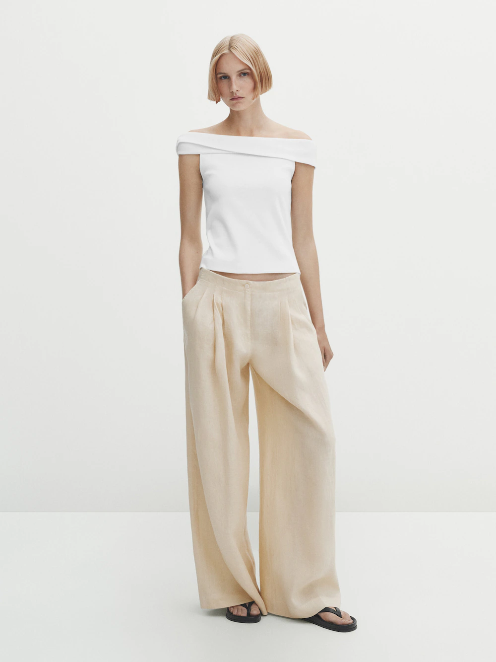 

Топ из хлопка с вырезом лодочки Massimo Dutti, кремовый