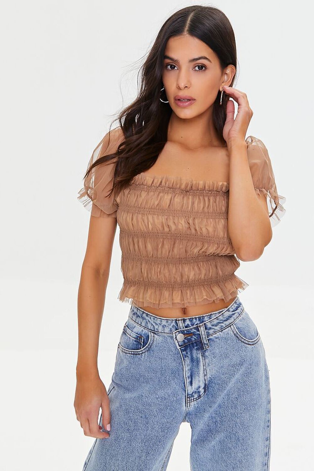 

Многоярусный топ с пышными рукавами Forever 21, мокка