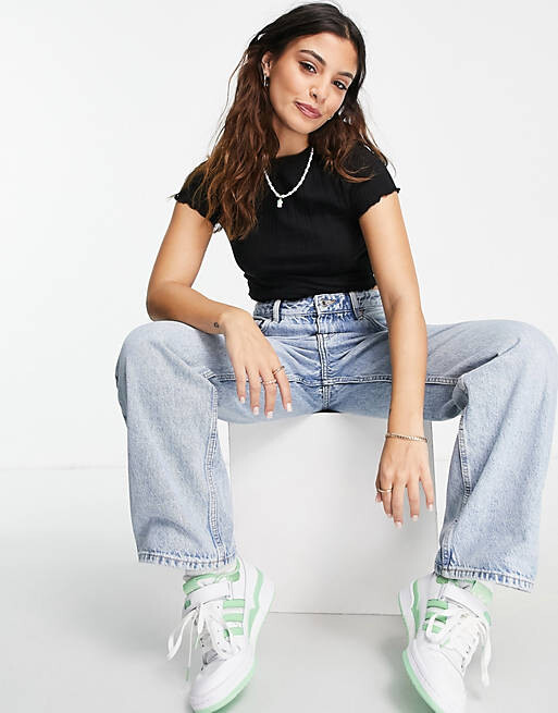

Черная приталенная футболка с салатовой каймой в разную рубчик ASOS DESIGN Petite, Черный