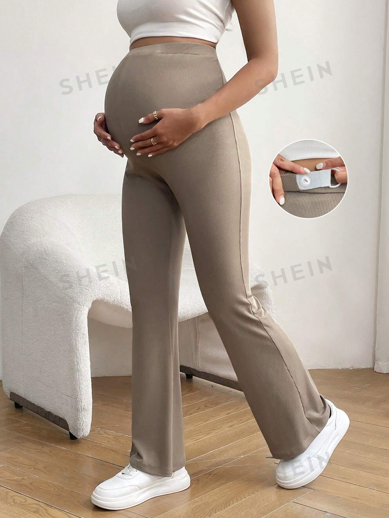 цена SHEIN Брюки-клеш с регулируемой талией для беременных, хаки