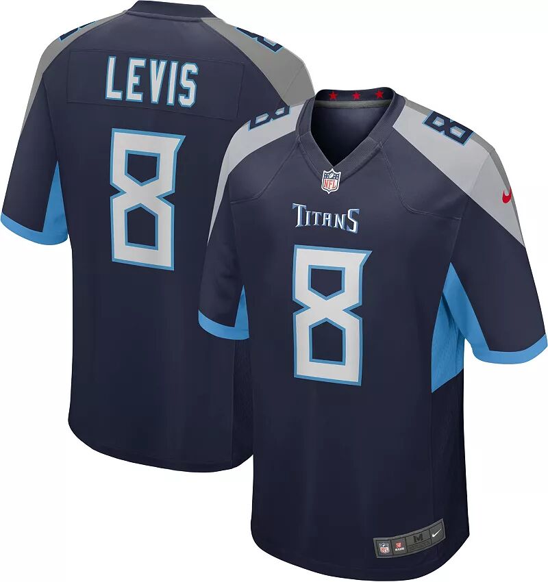 

Мужская футболка Nike Tennessee Titans Will Levis #8 темно-синего игрового цвета