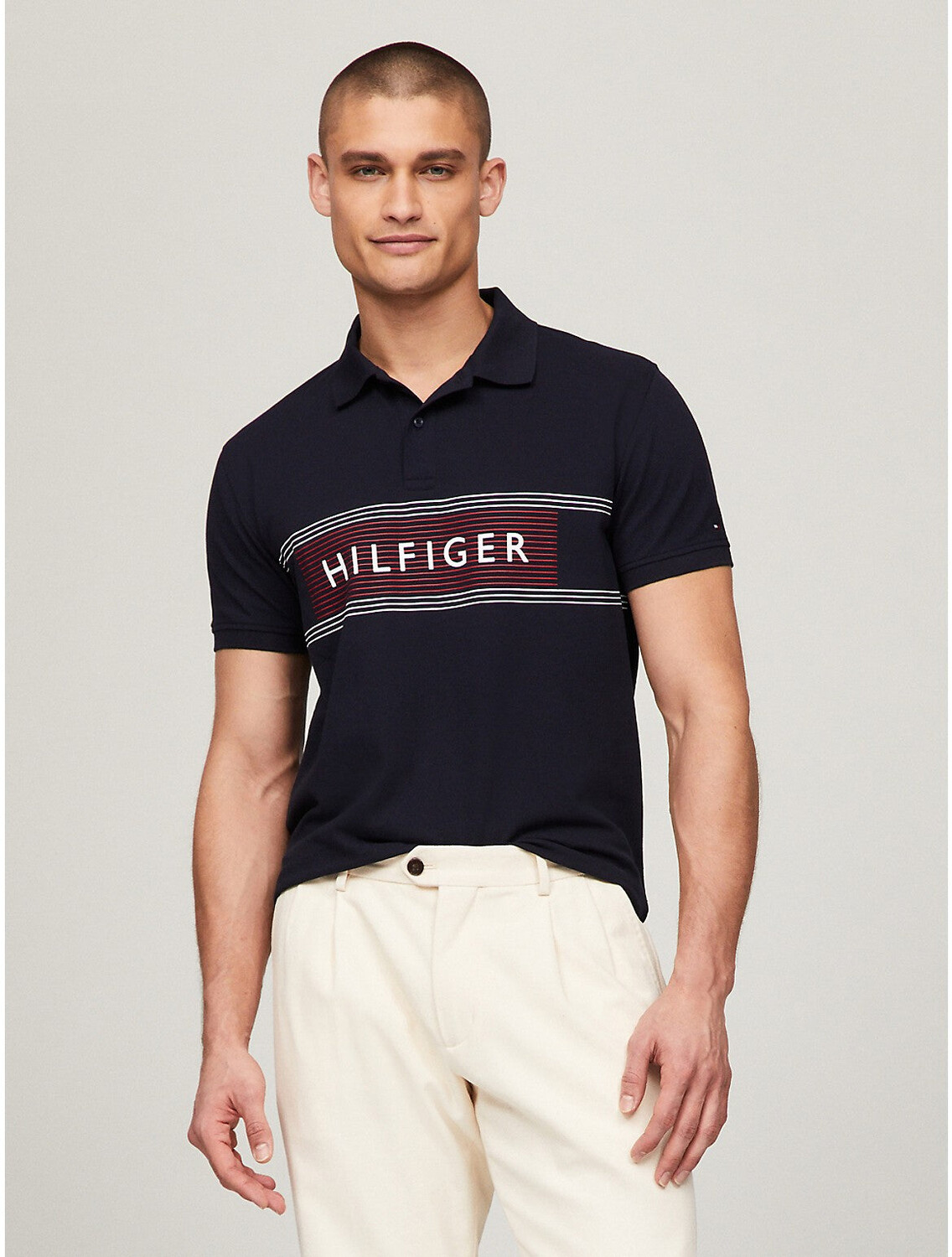 

Мужское поло с полосками на груди Tommy Hilfiger стандартного кроя, темно-синий