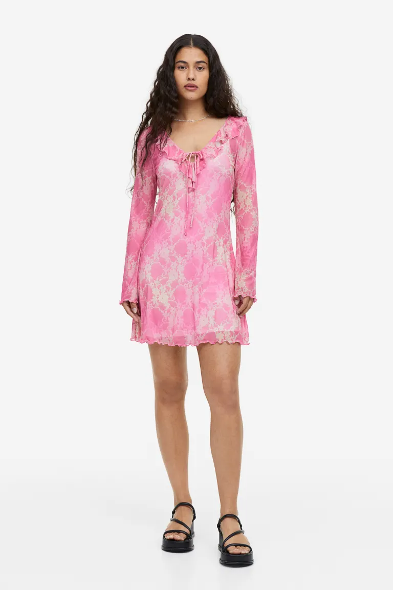 Сетчатое платье с оборками H&M, розовый