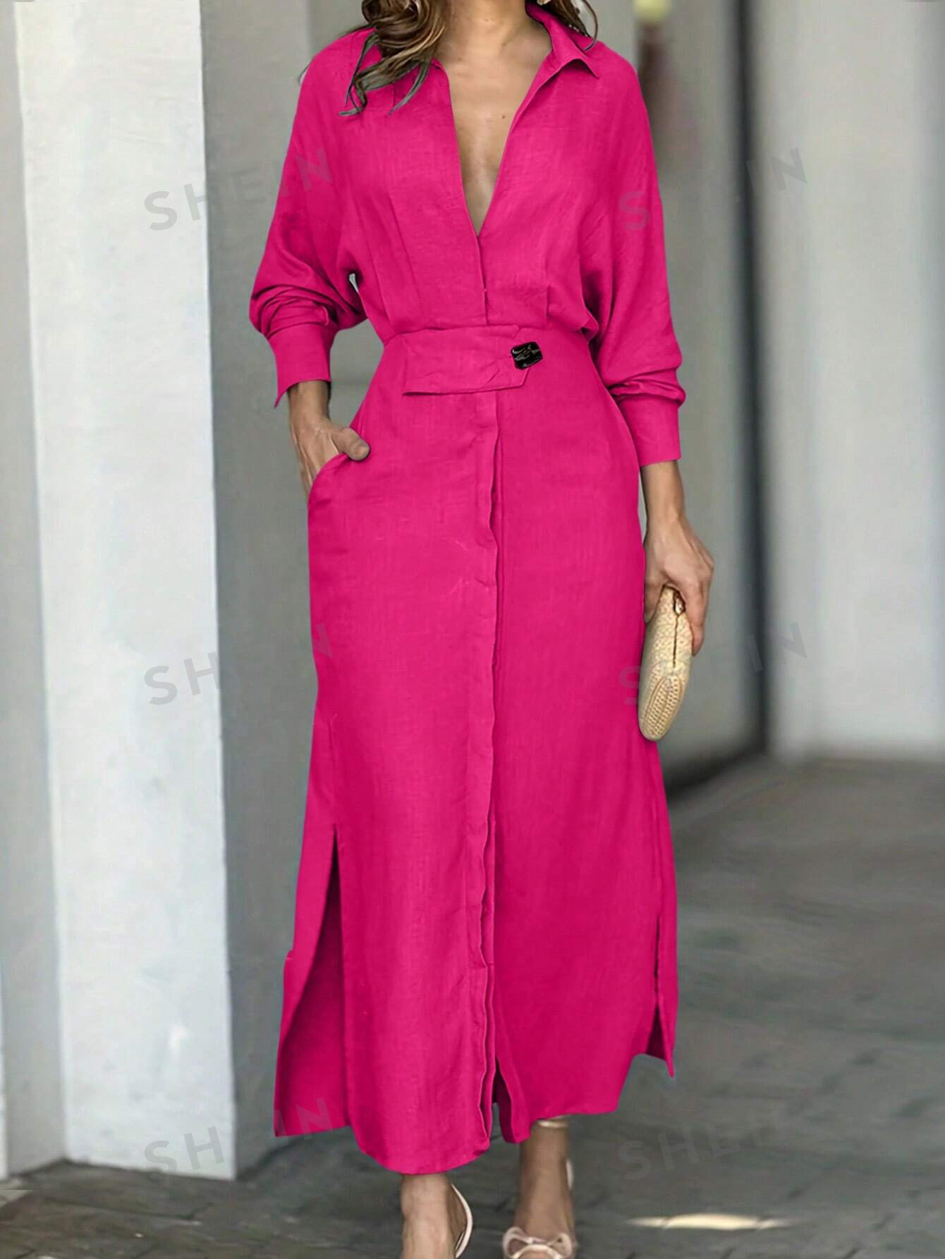SHEIN Privé Однотонное платье макси с v-образным вырезом, ярко-розовый платье макси женское летучая мышь с рукавом летучая мышь