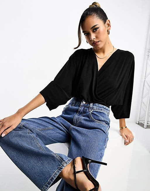 

Черное боди с запахом и рукавами-ангелами ASOS DESIGN