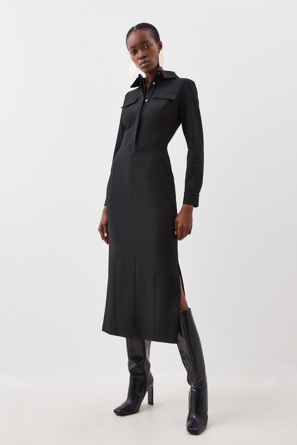 Компактное платье-рубашка миди стрейч Karen Millen, черный