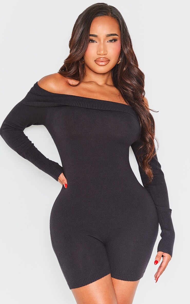 

PrettyLittleThing Форма Черный вязаный комбинезон с длинными рукавами и бардо
