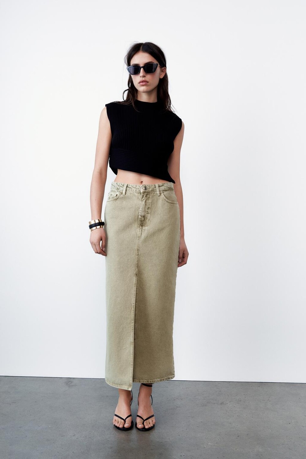 

Юбка миди из денима z1975 с разрезом передним ZARA, хаки