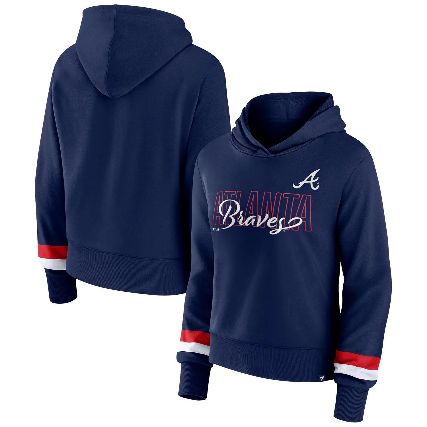цена Женский темно-синий пуловер с капюшоном с логотипом Fanatics Atlanta Braves Fanatics
