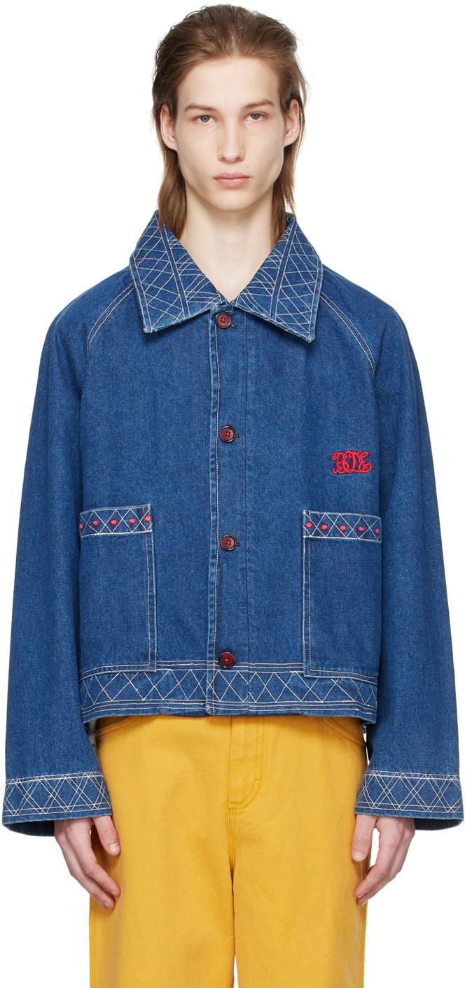 Джинсовая куртка с вышивкой цвета индиго Bode цена и фото