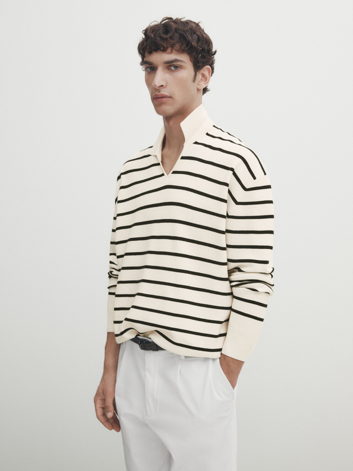 

Трикотажный свитер поло комфорт в полоску Massimo Dutti, кремовый, Бежевый